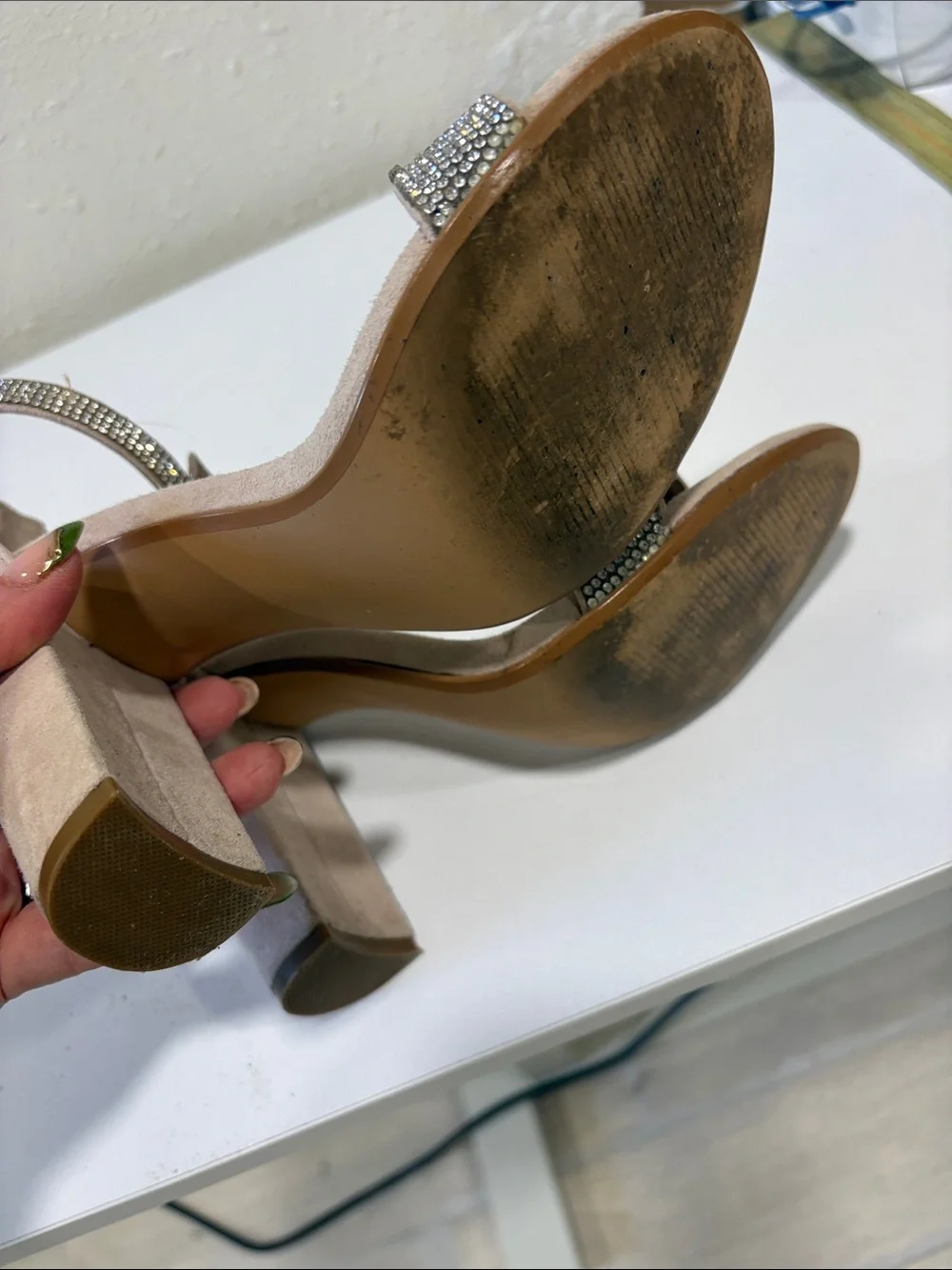 Steve Madden Blush Pink Suede Crystal Strap Block Heels